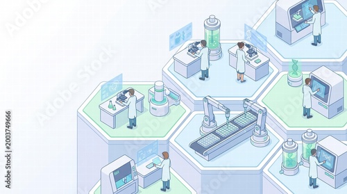Isometric 3D vector illustration of a modular synthetic biology lab, showing scientists, microscopes, and automated robotic arms pipetting samples, clean sterile aesthetic.Copy space