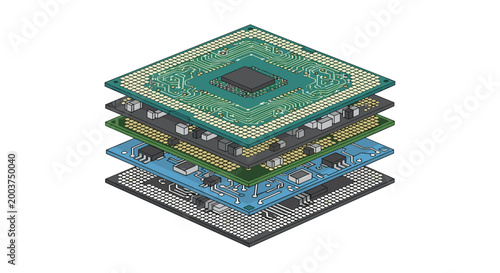 A multi-layered exploded view of a complex computer microprocessor showing internal circuitry and hardware components arranged in a vertical stack on a white background.