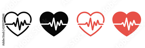 Heartbeat icon set, heart shape with pulse line symbols, cardiology and health monitoring concept,  line inside heart icons, medical and fitness theme, minimal modern vector design