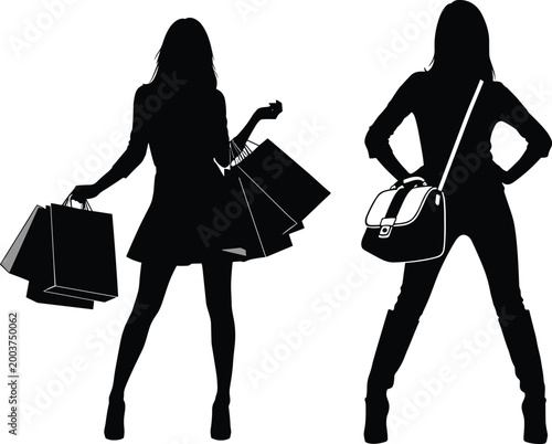 Fényképezés Black silhouettes of fashionable women featuring a shopper carrying many bags an
