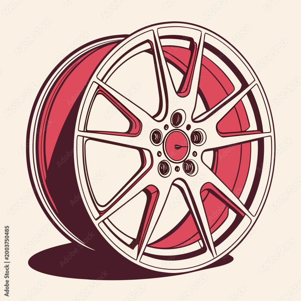 Obraz premium Car wheel with eleven spokes and red rim.