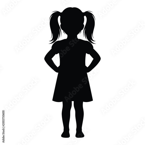 Full body silhouette of a young girl with pigtails standing confidently with hands on her hips in a simple dress isolated on a clean white background conveying childhood innocence and simplicity
