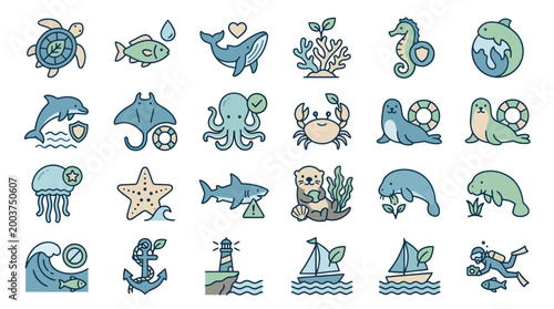 Ocean Marine Life and Environmental Conservation Hand-drawn Flat Line Art Vector Icons Set