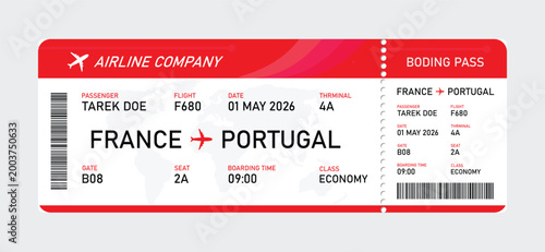 Red airline boarding pass for flight from france to portugal, economy airline ticket flight ticket