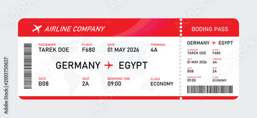 Red airline boarding pass for flight from germany to egypt, economy flight ticket economy travel document