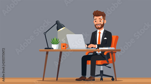 Smiling businessman diligently working on his laptop at a modern office desk