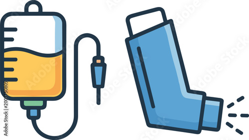 IV fluid bag with tubing, inhaler releasing spray healthcare medication illustration, medical treatment science medicine connection design