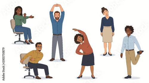 Healthy office habits Diverse employees stretching and staying active during work