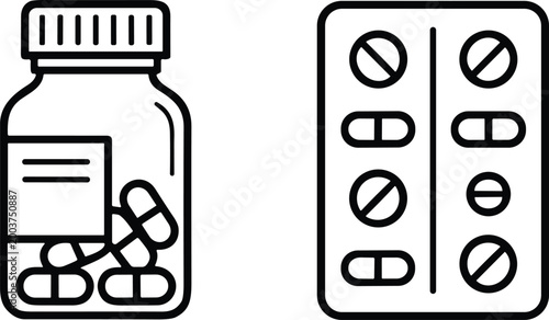 Medicine bottle with capsules and blister pack of tablets illustration representing pharmaceutical packaging, healthcare, drug treatment, and medical supplies