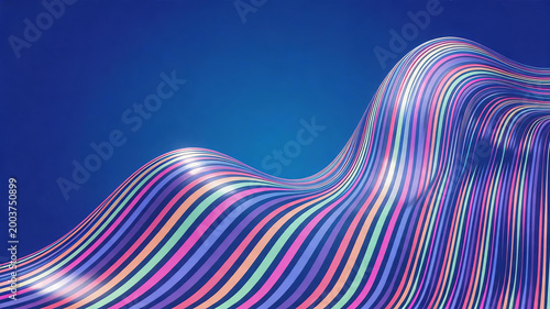 This abstract graphic features glossy wavy colorful stripes flowing across a deep solid blue background, with soft light reflections enhancing the glossy surface.