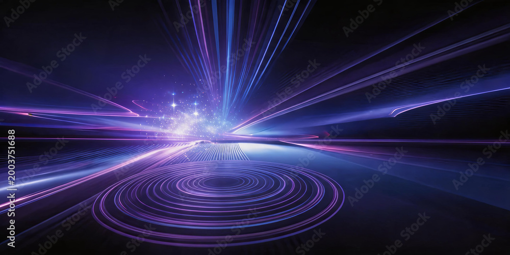 Fototapeta premium This is a futuristic digital background featuring radiant light beams, circular light patterns and speed motion effects in dark space, creating a sci-fi technological atmosphere.