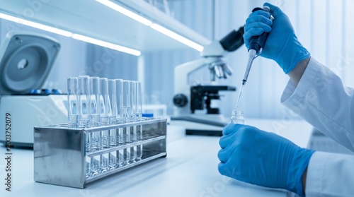 Scientist Hands Using Micropipette with Test Tubes in Modern Laboratory