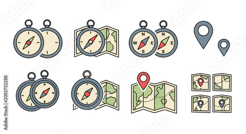 Collection of navigation compass icons.