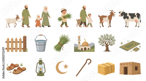 Islamic Eid al-Adha  Muslim Culture Flat Vector Illustration Set with People, Animals, Objects