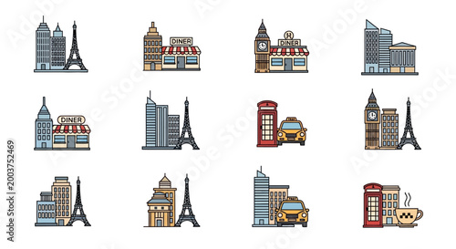 Collection of famous city landmarks icons.