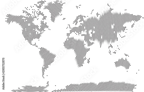 Geometric round circle dot pattern vector world map focusing center USA continent