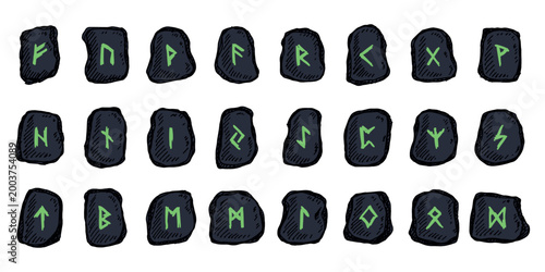 Set of hand drawn viking runes Rune stones with ancient norse alphabet characters engraved on them Scandinavian futhark germanic celtic Single element for design, print, web, decor