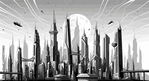Futuristic Cityscape: A breathtaking monochrome panorama showcases a futuristic cityscape, a testament to visionary architecture and innovation. Towering skyscrapers pierce the sky.