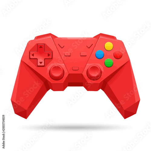 Red polygonal video game controller, modern design, isolated on white background