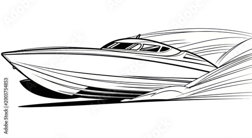 Speedboat racing on water, dynamic illustration, fast motion lines