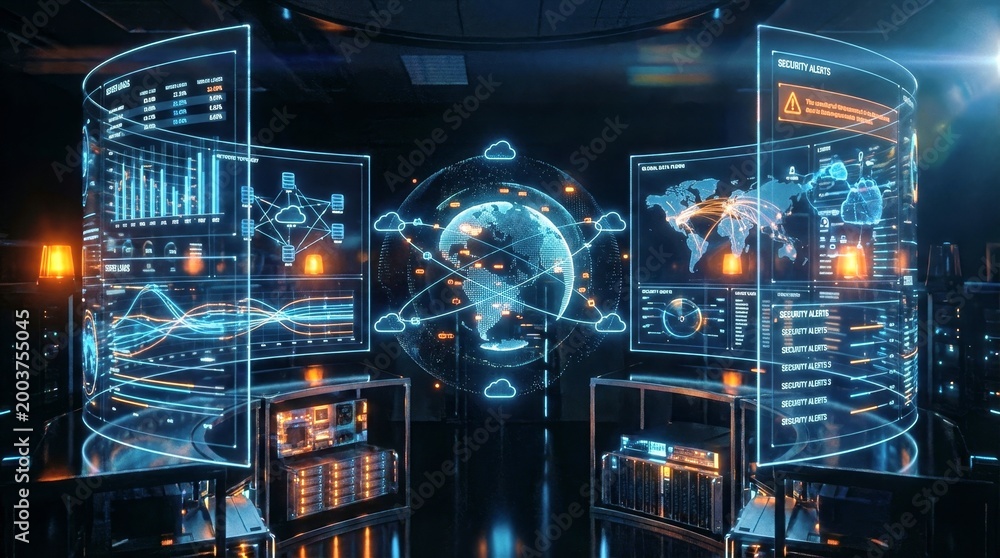 Obraz premium Futuristic Data Visualization with Interactive Global Technology Display