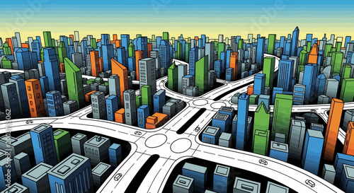 Urban Harmony: An elevated perspective captures a modern cityscape, showcasing a vibrant array of buildings and interwoven roads that depict connectivity and urban development. 