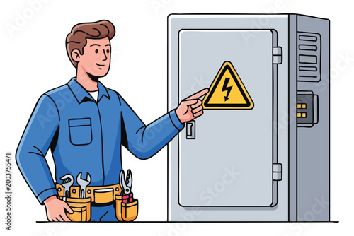 Electrician Checking Electrical Panel with Warning Sign, Safety Inspection Illustration, Isolated Transparent Background PNG EPS