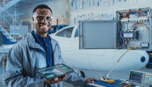 Precision Engineering in Aviation: A smiling male engineer in protective eyewear and a lab coat stands confidently in an aircraft hangar, tablet in hand.
