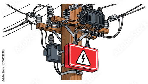 Electric Transformer with Warning Sign, Power Distribution Equipment Illustration, Isolated Transparent Background PNG EPS