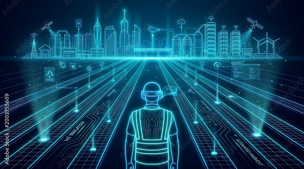 Naklejka premium Man in VR headset viewing futuristic smart city with IoT network