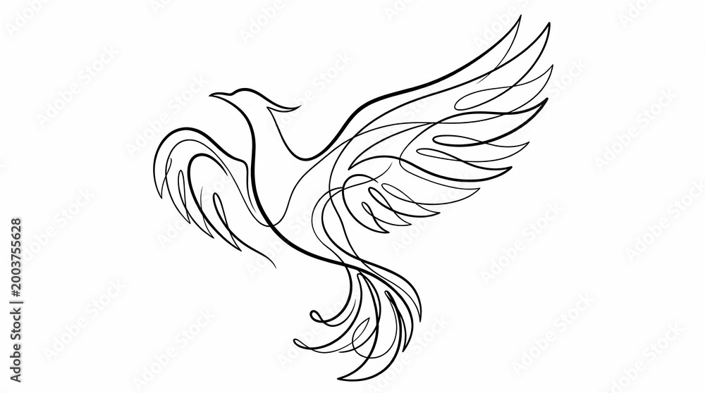 Fototapeta premium Elegant single line drawing of a mythical phoenix bird with outstretched wings, symbolizing rebirth and hope, rendered in a minimalist black and white style against a clean backdrop.
