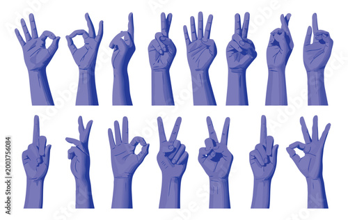 A comprehensive collection of human hands displaying various gestures and signs in a purple color