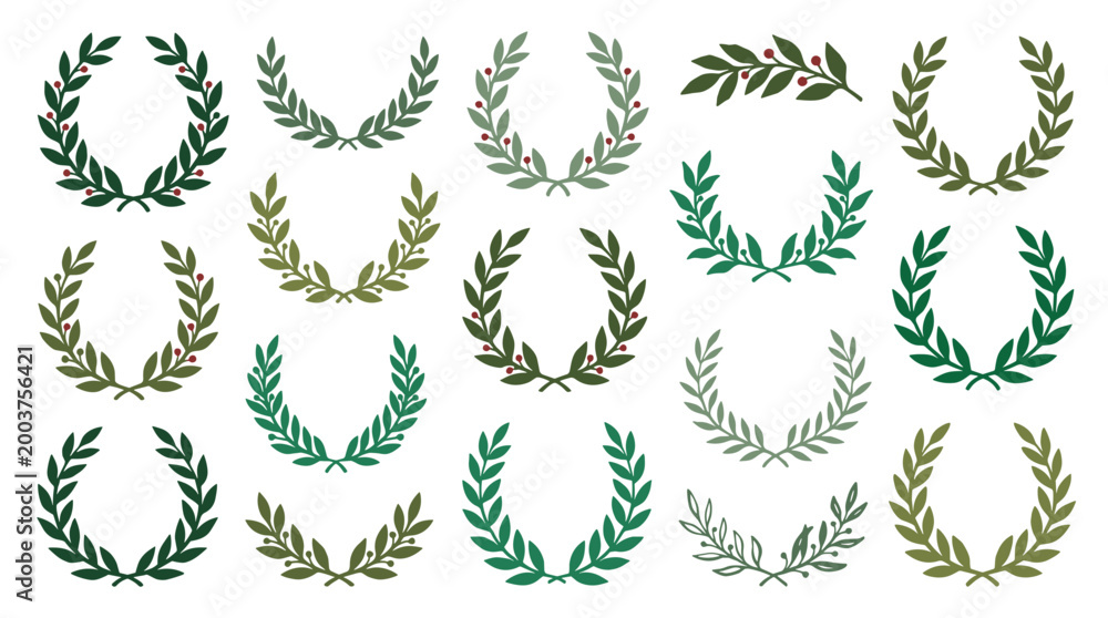Fototapeta premium Collection of Laurel Wreaths and Decorative Branches Symbolizing Victory Achievement and Excellence in Various Green Hues