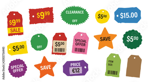 Assortment of colorful sale and discount tags and labels for retail shopping and promotions