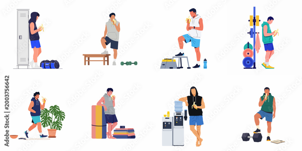 Fototapeta premium Flat vector illustrations of a man eating a banana for a healthy energy snack during different gym and workout scenarios.