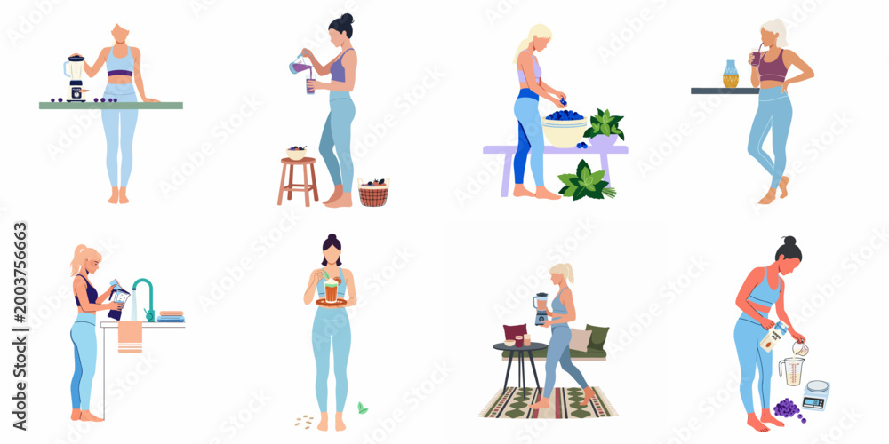 Fototapeta premium Collection of flat illustrations of young women in athletic wear preparing healthy smoothies and snacks, promoting a wellness and fitness lifestyle.