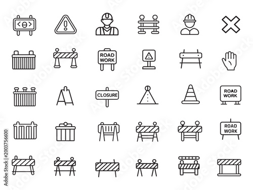 A comprehensive collection of road construction and worker safety outline icons for various projects