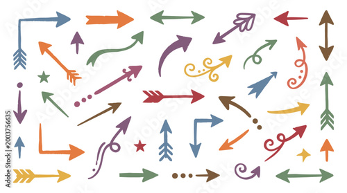 Collection of diverse hand drawn arrow icons and symbols in various colors and styles representing direction choice and navigation