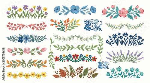 Collection of delicate floral and botanical borders and dividers with leaves and flowers in a charming hand drawn style