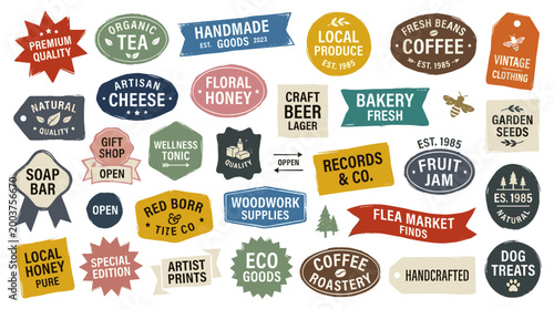 Collection of vintage style labels and badges for local businesses and artisanal products, featuring handwritten fonts and rustic designs