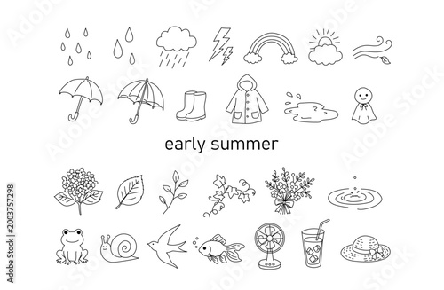 梅雨、初夏、イラスト、アイコン、セット、線画