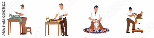 Set of flat vector illustrations depicting a male groomer brushing and caring for Maine Coon cats in various positions on a white background.