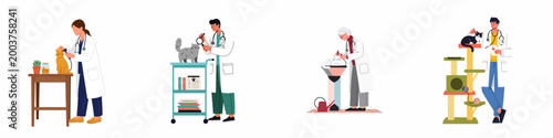 Set of illustrations depicting professional veterinarians performing medical checkups and health examinations on various cats in a clinic setting.