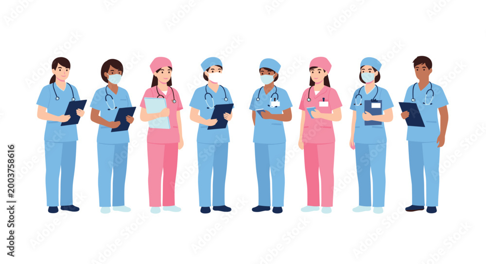 Obraz premium Diverse line up of eight medical professionals wearing various colored scrubs and masks while holding clipboards on a clean white background.