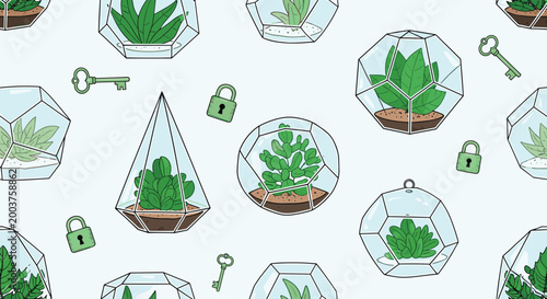 Modern terrarium pattern featuring succulents in geometric glass containers with decorative keys and padlocks on a blue background.