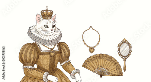 Regal white cat dressed in a gold renaissance gown and crown alongside luxury accessories like a heart necklace and hand fan.