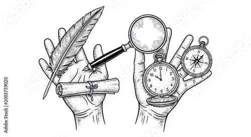 Hands holding quill, scroll, magnifying glass, pocket watch and compass - vintage concept