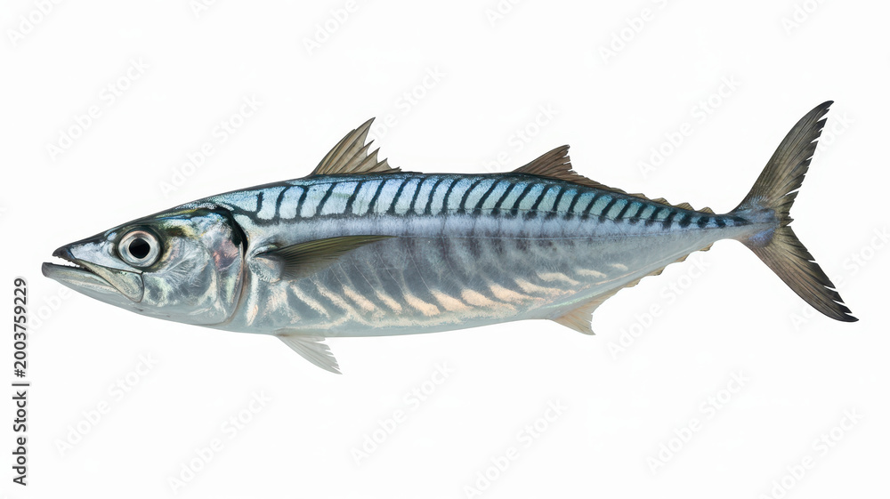 Fototapeta premium Fresh raw mackerel fish isolated on a white background, side view of a whole silver saltwater fish