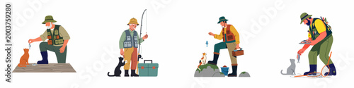 A set of four illustrations depicting fishermen in professional gear sharing their freshly caught fish with cute cats in various outdoor settings.