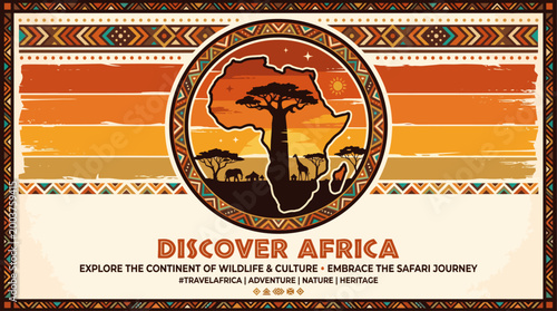 Discover Africa Travel Poster - Vintage Safari Badge with Baobab and Wildlife